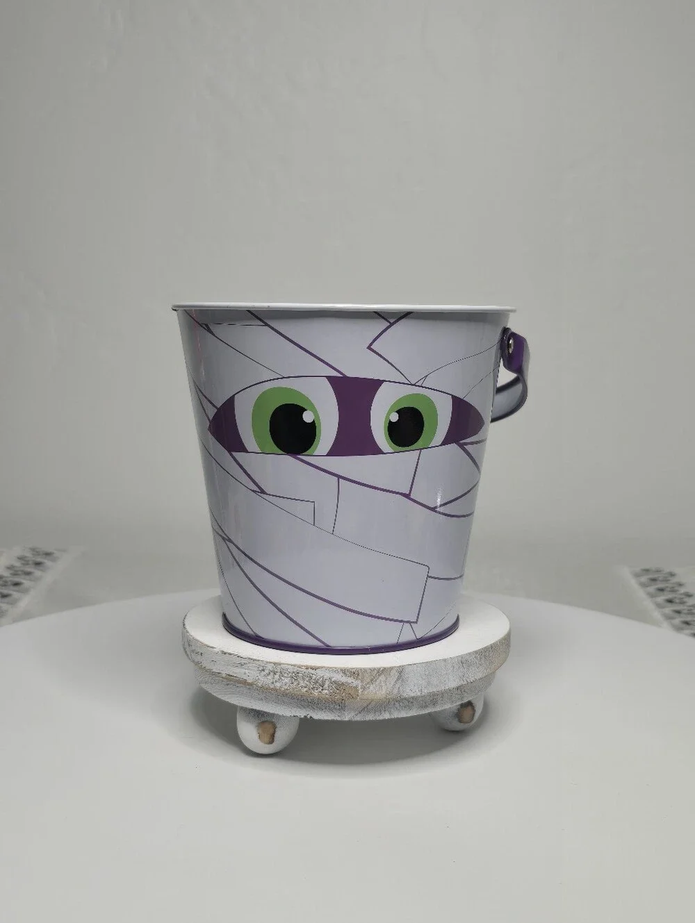 Halloween Mummy Bucket Small Metal-Like Pail Purple Handle Decor